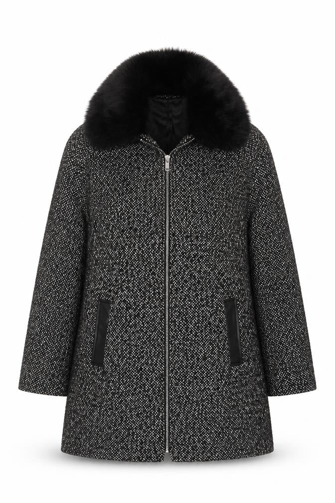 Papaya Women’s Black Herringbone Faux Fur Collar Zip Coat UK 10