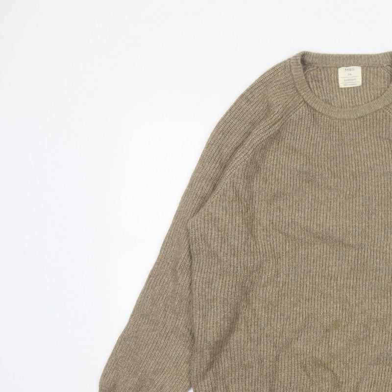 Marks and Spencer Men's Beige 2XL Pullover Crew Neck Ribbed Jumper