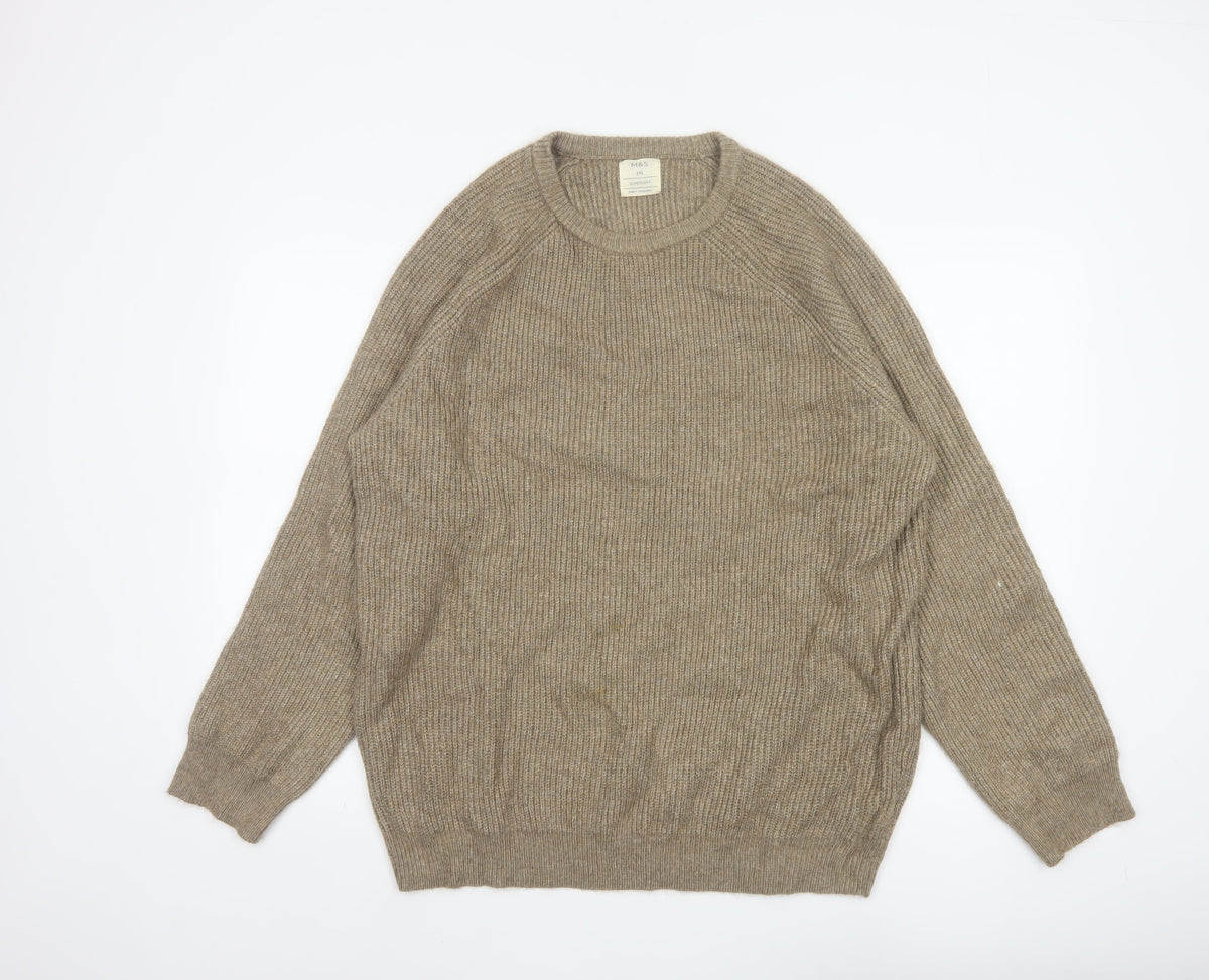 Marks and Spencer Men's Beige 2XL Pullover Crew Neck Ribbed Jumper