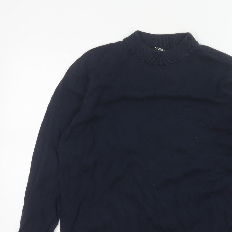 Monki Women Blue XL Cotton Mock Neck Raglan Pullover Jumper