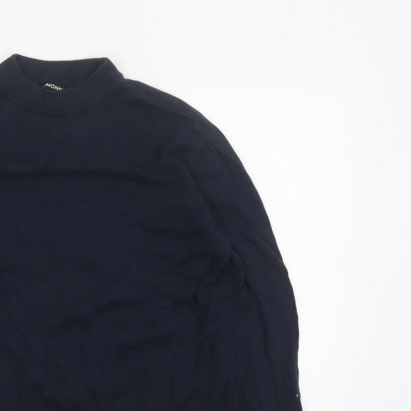 Monki Women Blue XL Cotton Mock Neck Raglan Pullover Jumper
