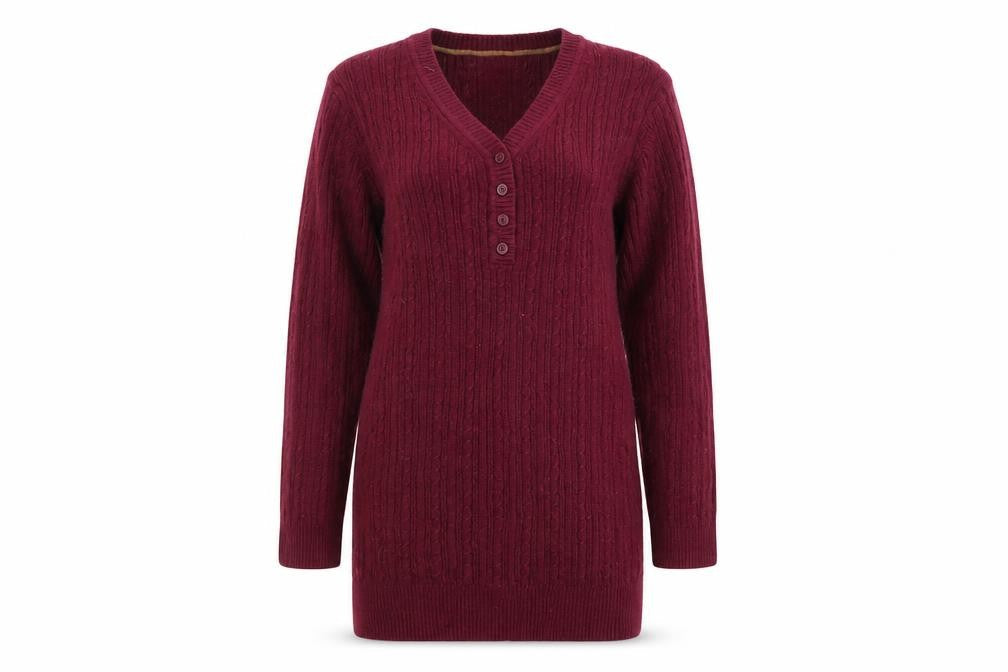 Croft & Barrow Women Red Small Cable Knit V-Neck Henley Tunic Jumper