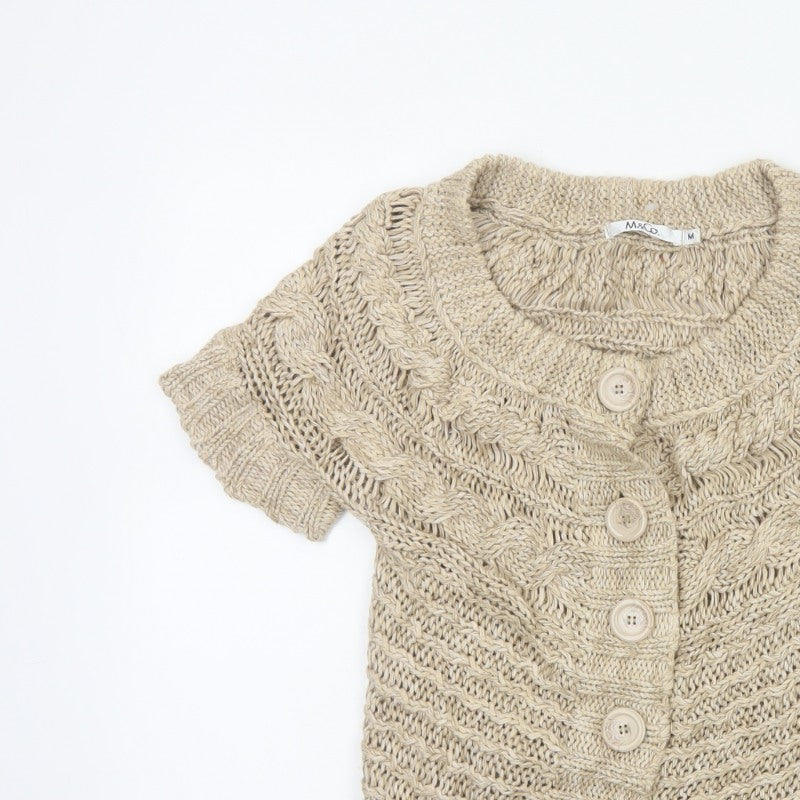 M&Co Women Beige M Chunky Cable Knit Short Sleeve Button Cardigan