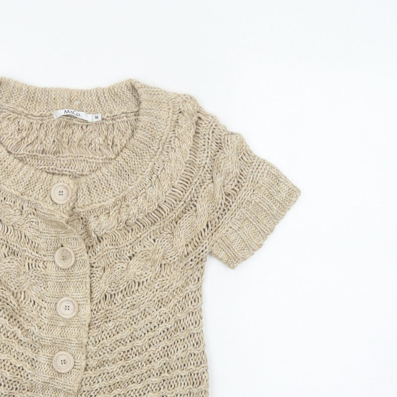 M&Co Women Beige M Chunky Cable Knit Short Sleeve Button Cardigan