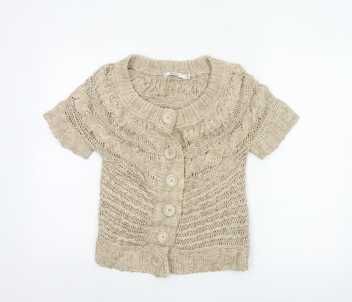 M&Co Women Beige M Chunky Cable Knit Short Sleeve Button Cardigan