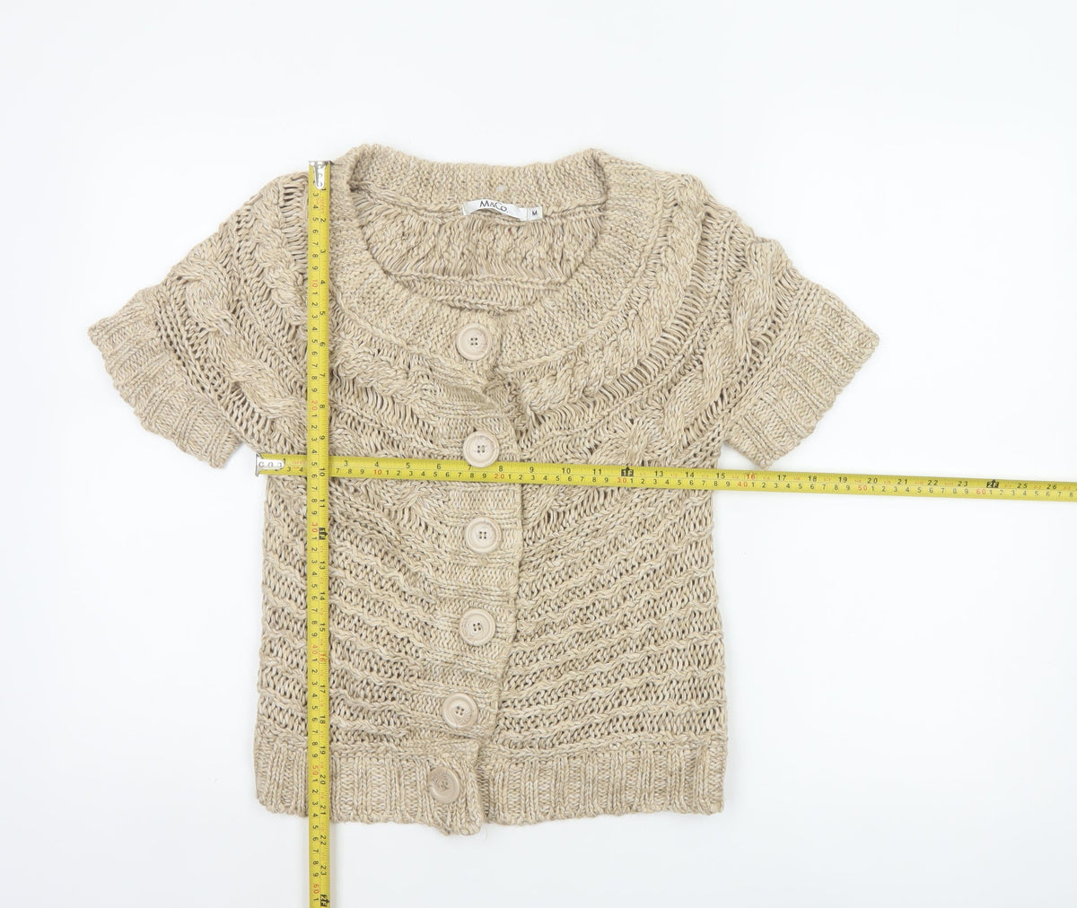 M&Co Women Beige M Chunky Cable Knit Short Sleeve Button Cardigan