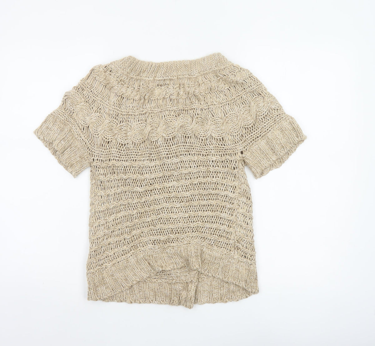 M&Co Women Beige M Chunky Cable Knit Short Sleeve Button Cardigan