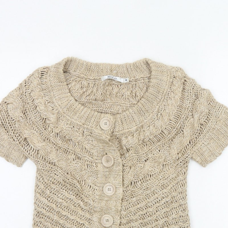 M&Co Women Beige M Chunky Cable Knit Short Sleeve Button Cardigan