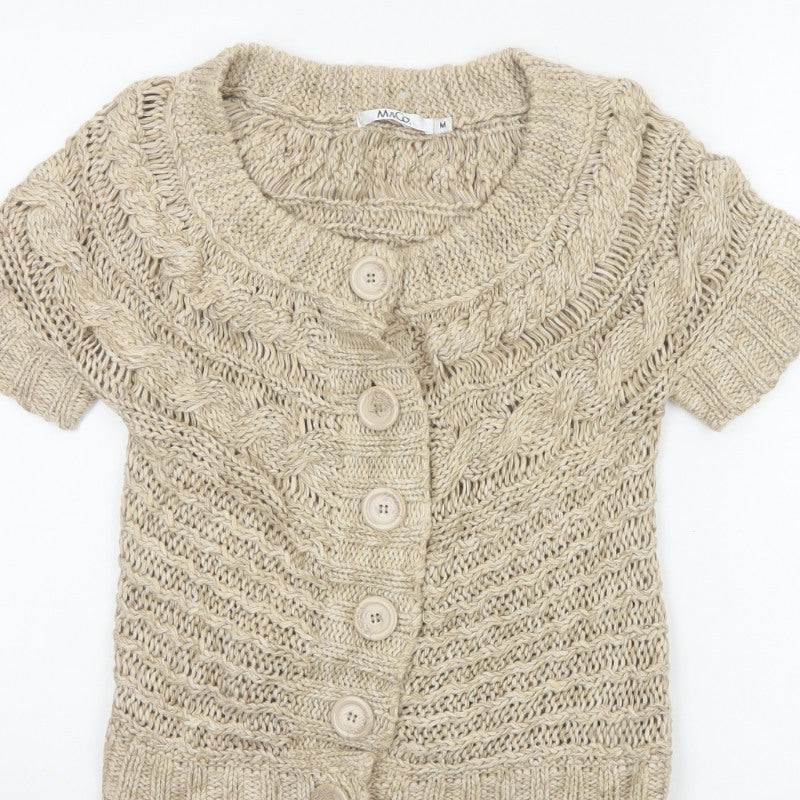 M&Co Women Beige M Chunky Cable Knit Short Sleeve Button Cardigan