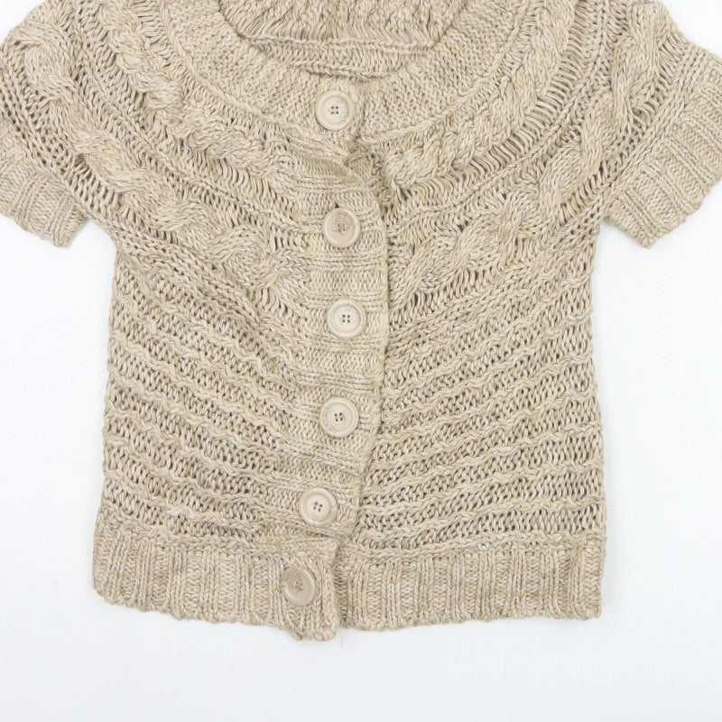 M&Co Women Beige M Chunky Cable Knit Short Sleeve Button Cardigan