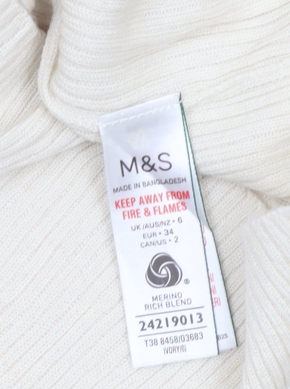 Marks and Spencer Women Ivory Size 6 Merino Blend High Neck Jumper