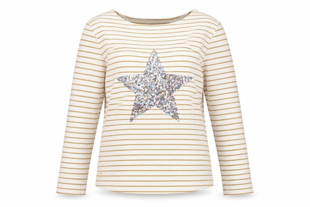 Joules Women Ivory Gold Stripe Sequin Star Long Sleeve T-Shirt UK 8