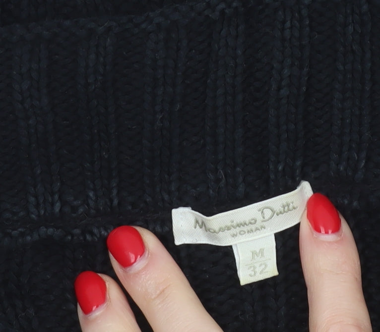 Massimo Dutti Women Black M Cable Knit Roll Neck Cotton Jumper