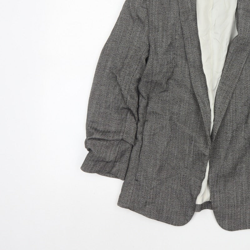 Mango Women Grey Herringbone Blazer UK 10 Single-Breasted Lined