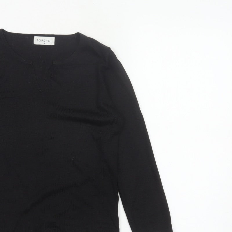 Topshop Women’s Black Size 8 Basic Knit V-Neck Long Sleeve Top