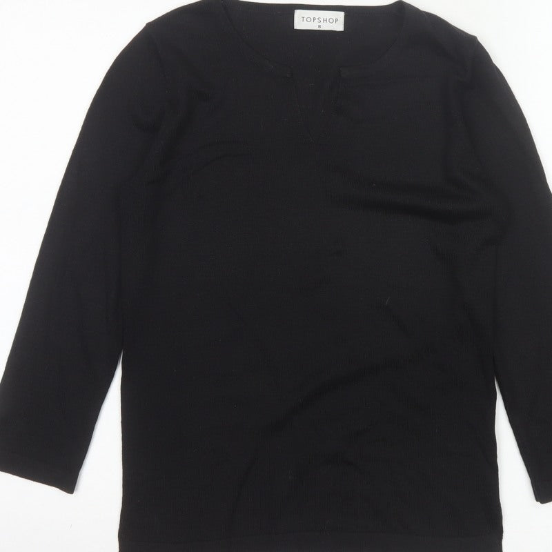 Topshop Women’s Black Size 8 Basic Knit V-Neck Long Sleeve Top