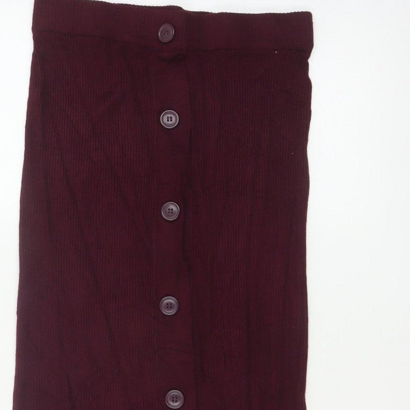 ICHI Women Red M Ribbed Knit Midi Pencil Skirt Button Front