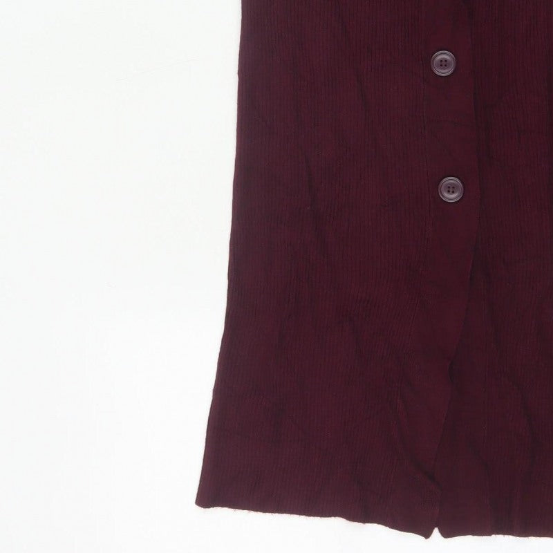 ICHI Women Red M Ribbed Knit Midi Pencil Skirt Button Front