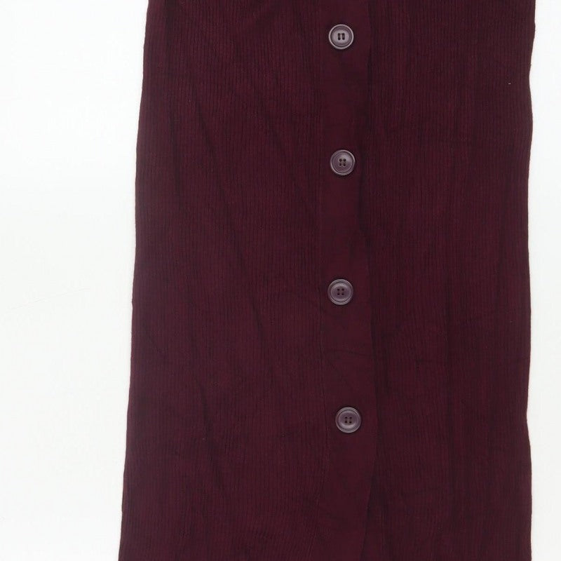 ICHI Women Red M Ribbed Knit Midi Pencil Skirt Button Front