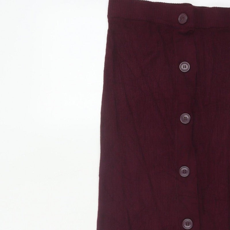 ICHI Women Red M Ribbed Knit Midi Pencil Skirt Button Front