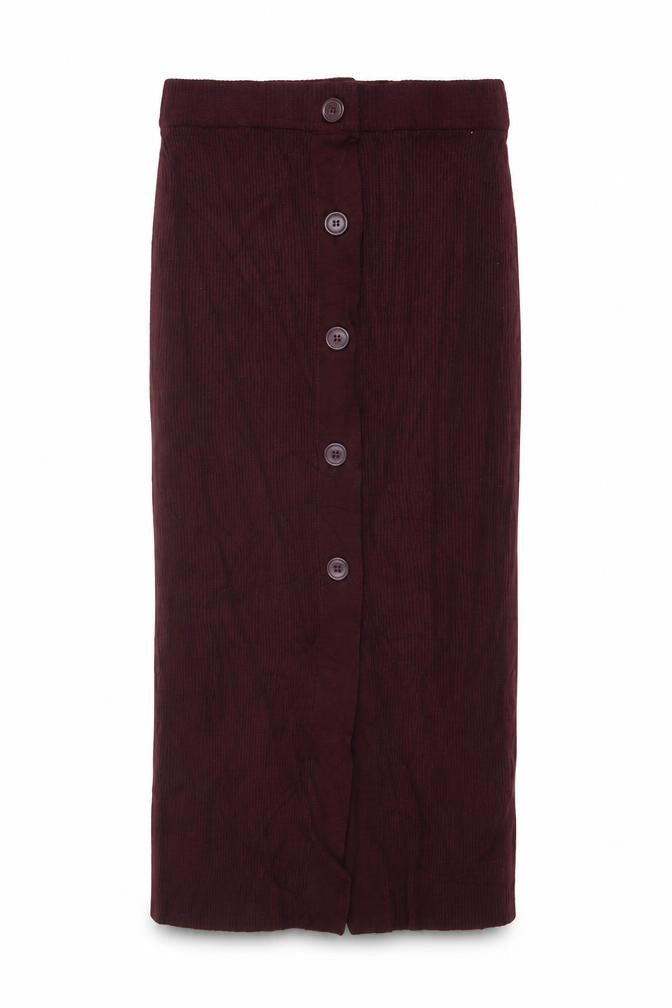 ICHI Women Red M Ribbed Knit Midi Pencil Skirt Button Front