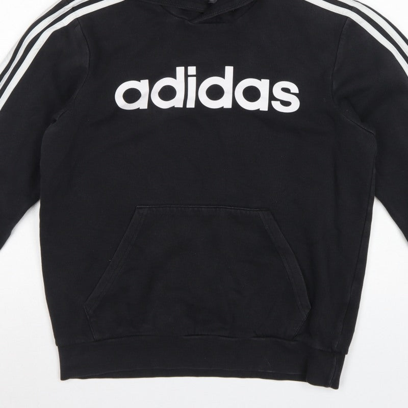 adidas Women Black M Pullover Hoodie 3 Stripe Logo Pocket Cotton Blend