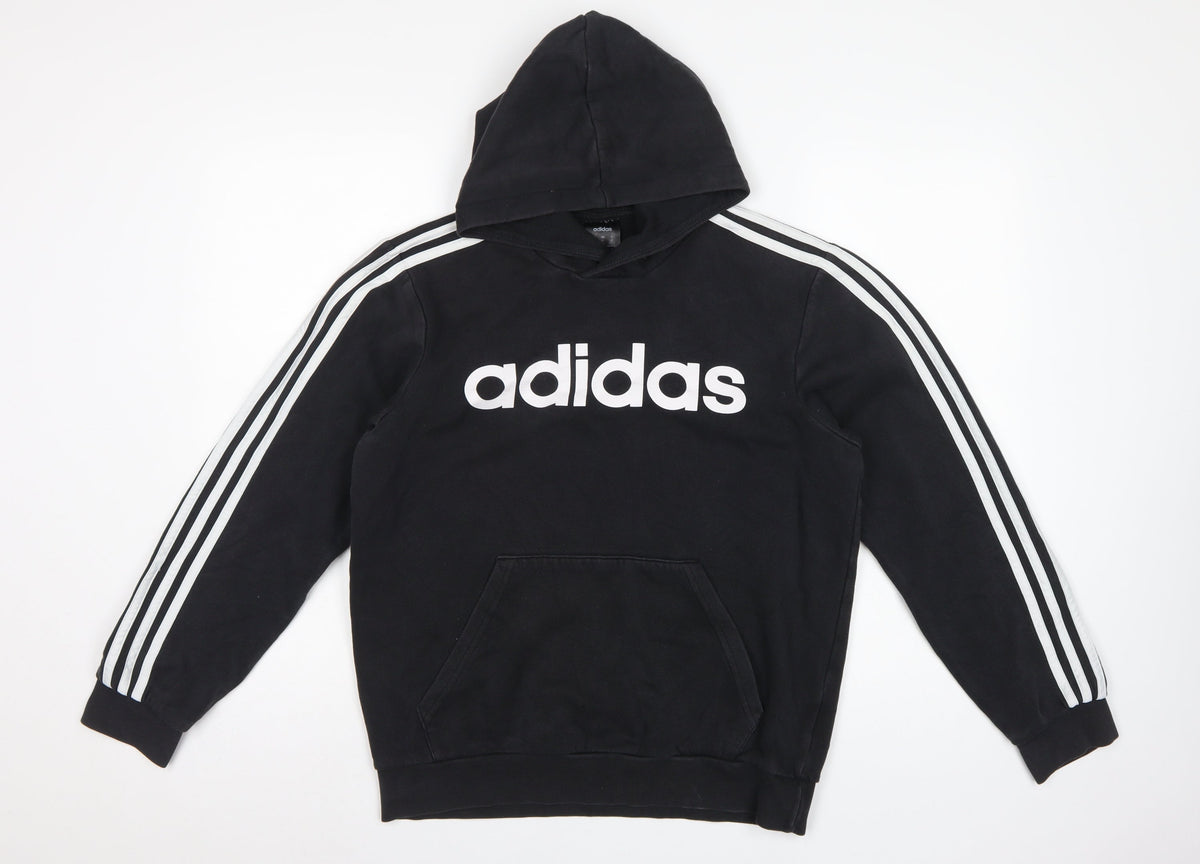 adidas Women Black M Pullover Hoodie 3 Stripe Logo Pocket Cotton Blend