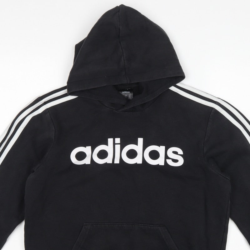 adidas Women Black M Pullover Hoodie 3 Stripe Logo Pocket Cotton Blend