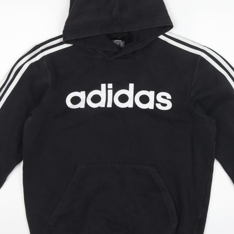 adidas Women Black M Pullover Hoodie 3 Stripe Logo Pocket Cotton Blend