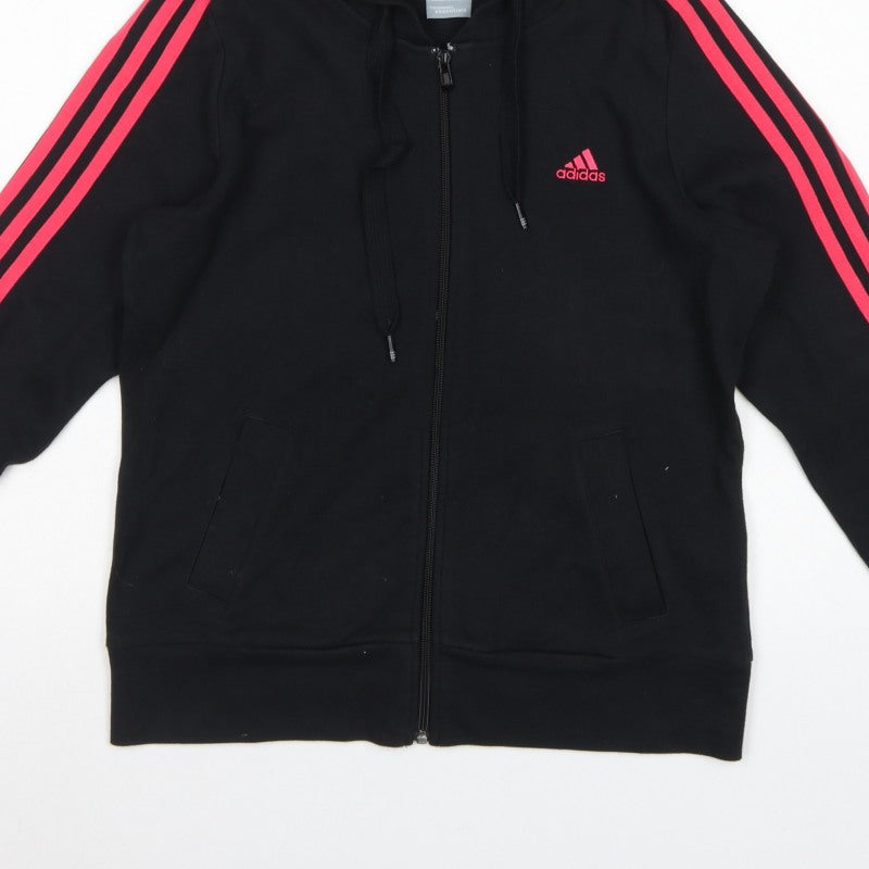 Adidas Womens Black Pink 3 Stripe Full Zip Hoodie UK 14