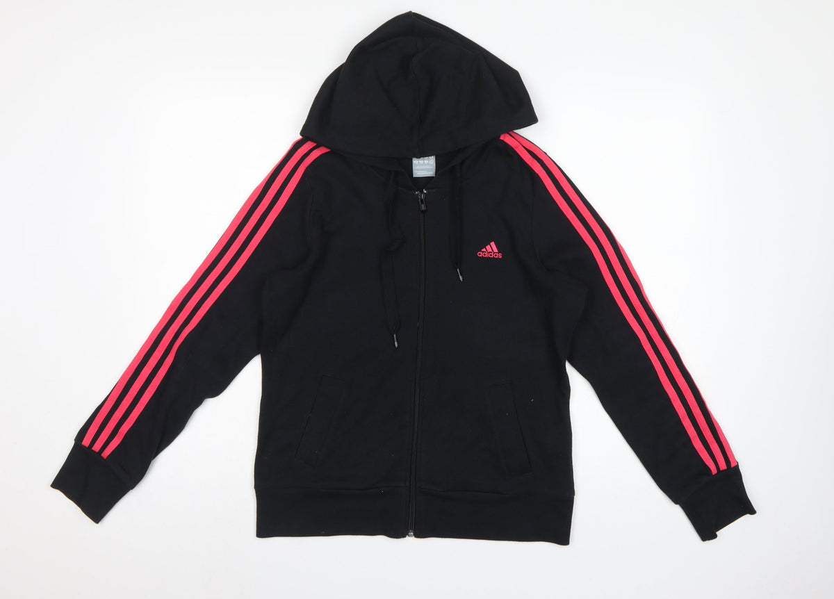 Adidas Womens Black Pink 3 Stripe Full Zip Hoodie UK 14