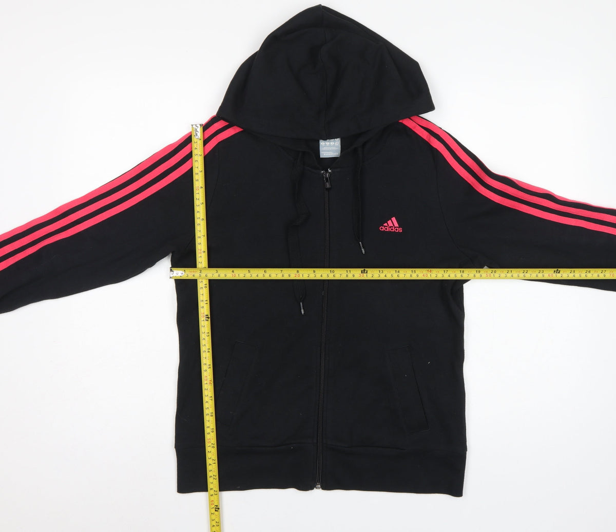 Adidas Womens Black Pink 3 Stripe Full Zip Hoodie UK 14