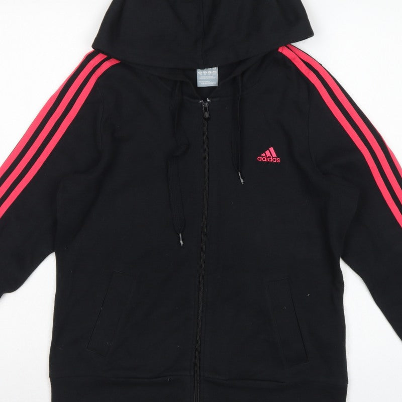 Adidas Womens Black Pink 3 Stripe Full Zip Hoodie UK 14