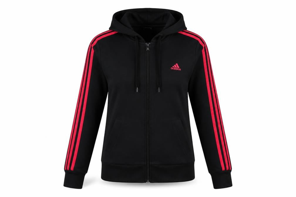 Adidas Womens Black Pink 3 Stripe Full Zip Hoodie UK 14