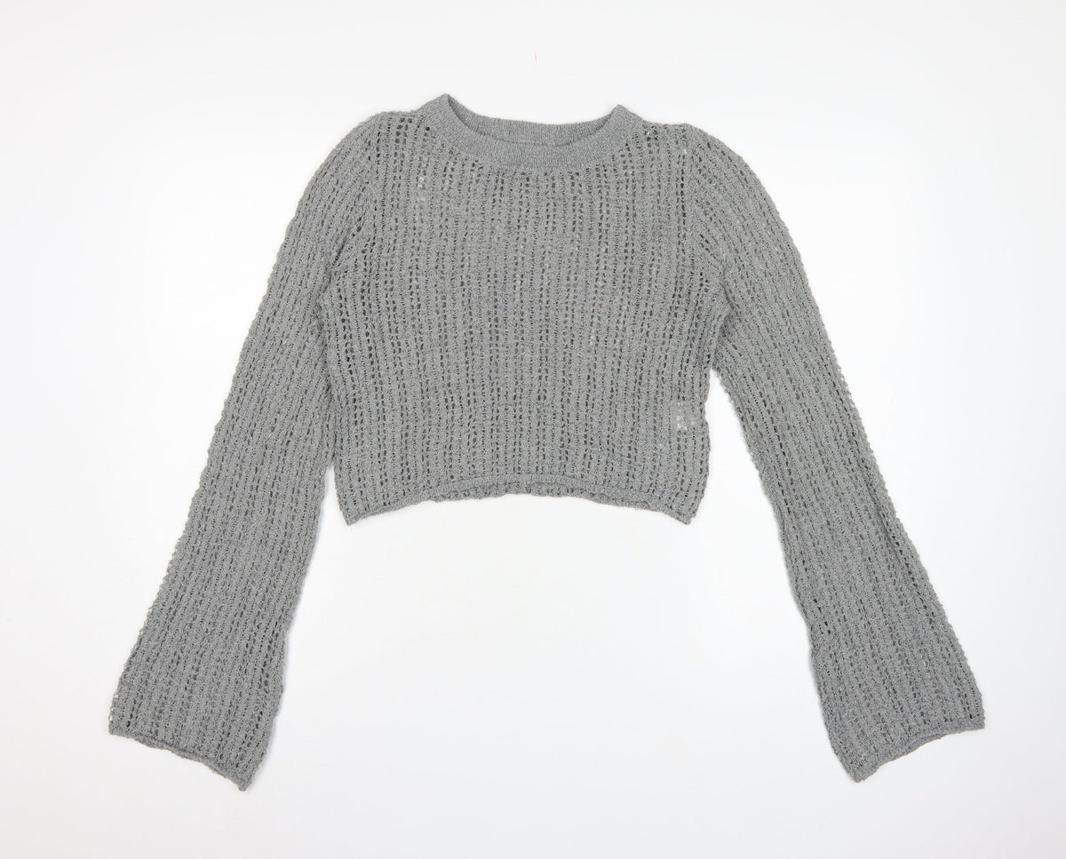 Pull&Bear Women’s Grey M Open Knit Bell Sleeve Pullover Jumper