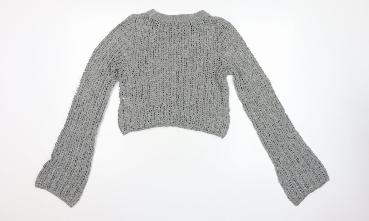 Pull&Bear Women’s Grey M Open Knit Bell Sleeve Pullover Jumper
