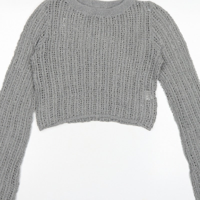 Pull&Bear Women’s Grey M Open Knit Bell Sleeve Pullover Jumper