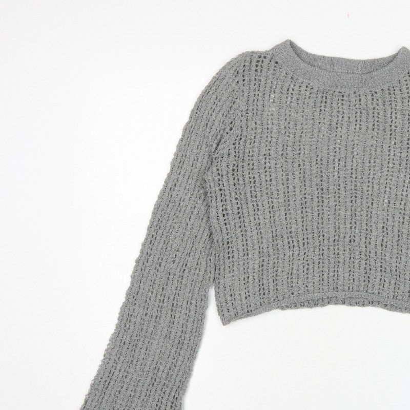 Pull&Bear Women’s Grey M Open Knit Bell Sleeve Pullover Jumper
