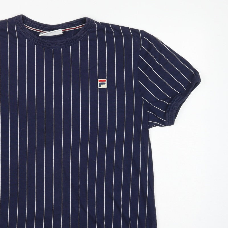 Fila Men’s Blue White Pinstripe Logo Crew Neck T-Shirt Size L