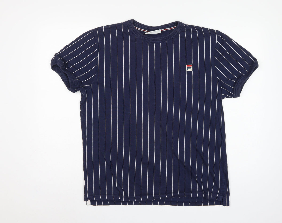 Fila Men’s Blue White Pinstripe Logo Crew Neck T-Shirt Size L