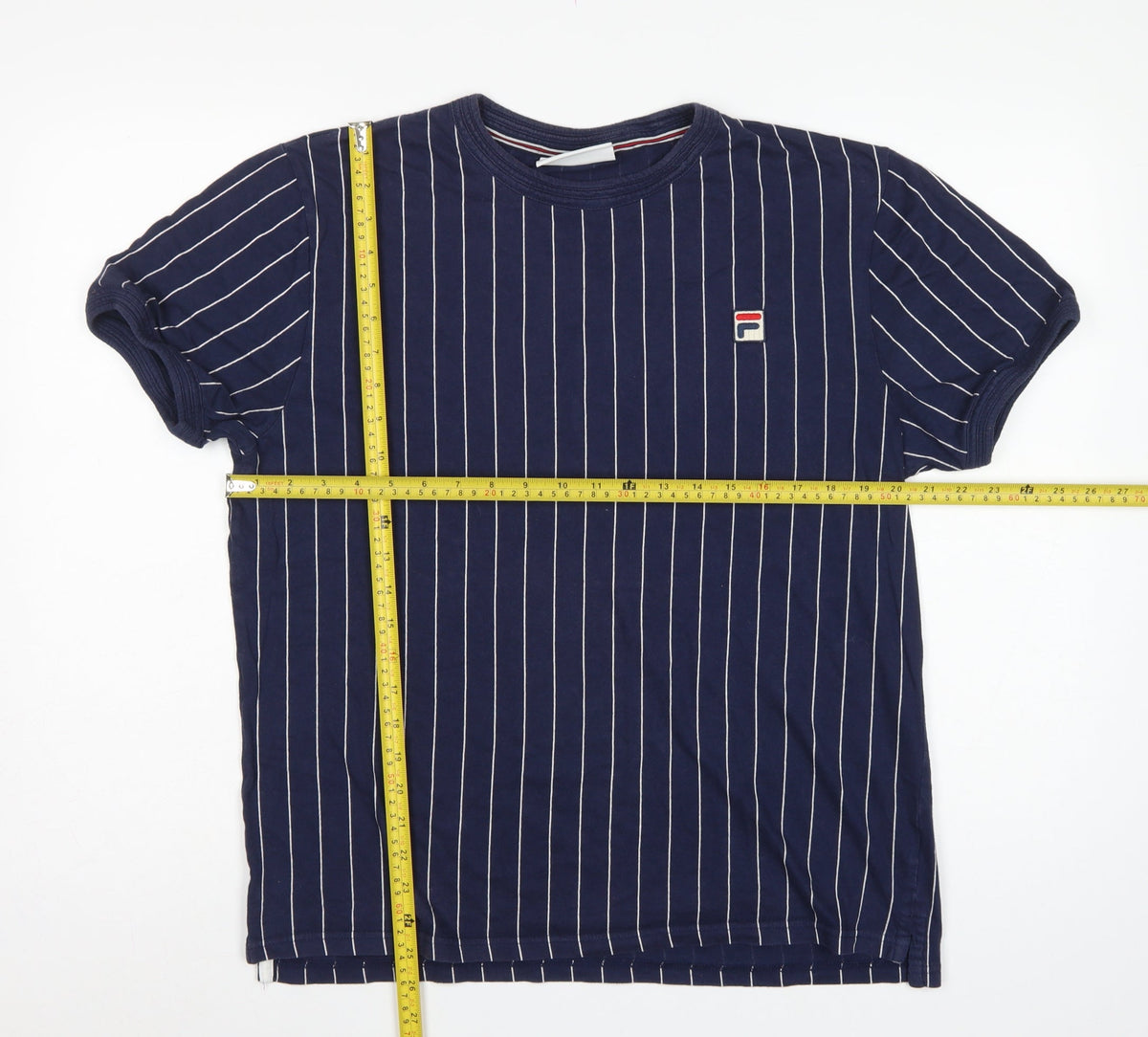 Fila Men’s Blue White Pinstripe Logo Crew Neck T-Shirt Size L