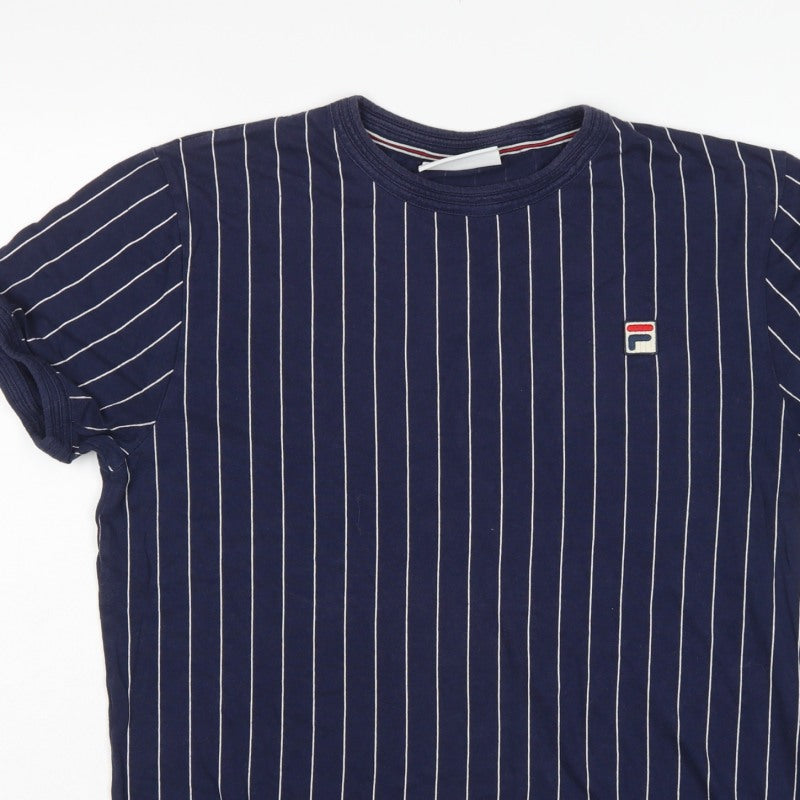 Fila Men’s Blue White Pinstripe Logo Crew Neck T-Shirt Size L