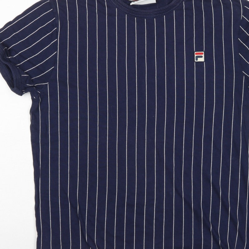 Fila Men’s Blue White Pinstripe Logo Crew Neck T-Shirt Size L