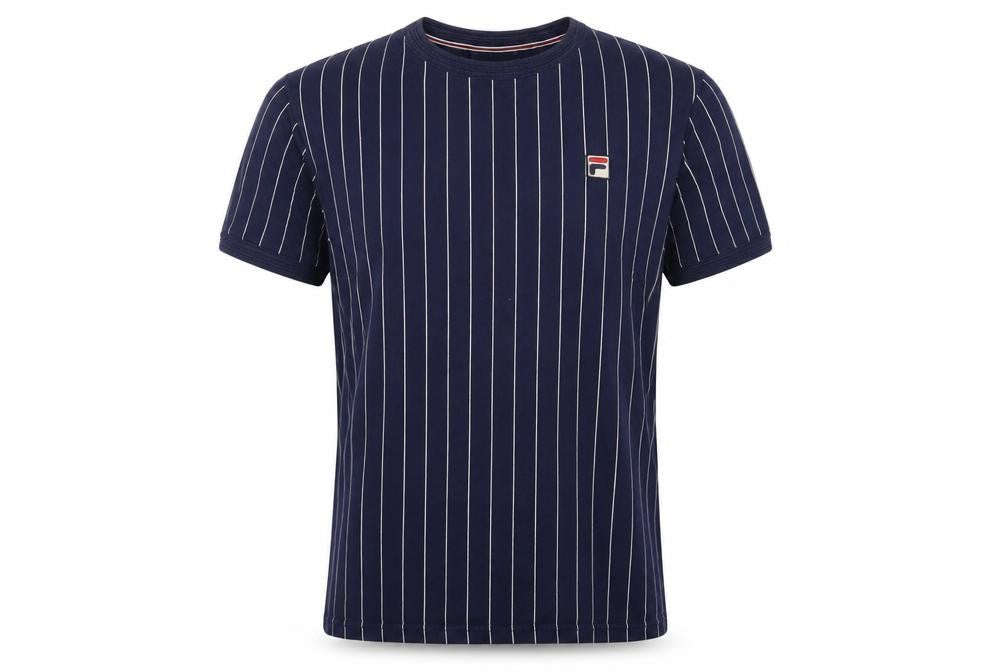 Fila Men’s Blue White Pinstripe Logo Crew Neck T-Shirt Size L