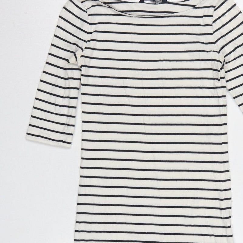 French Connection Women Ivory Blue Stripe Knee Length Sheath Dress UK 6