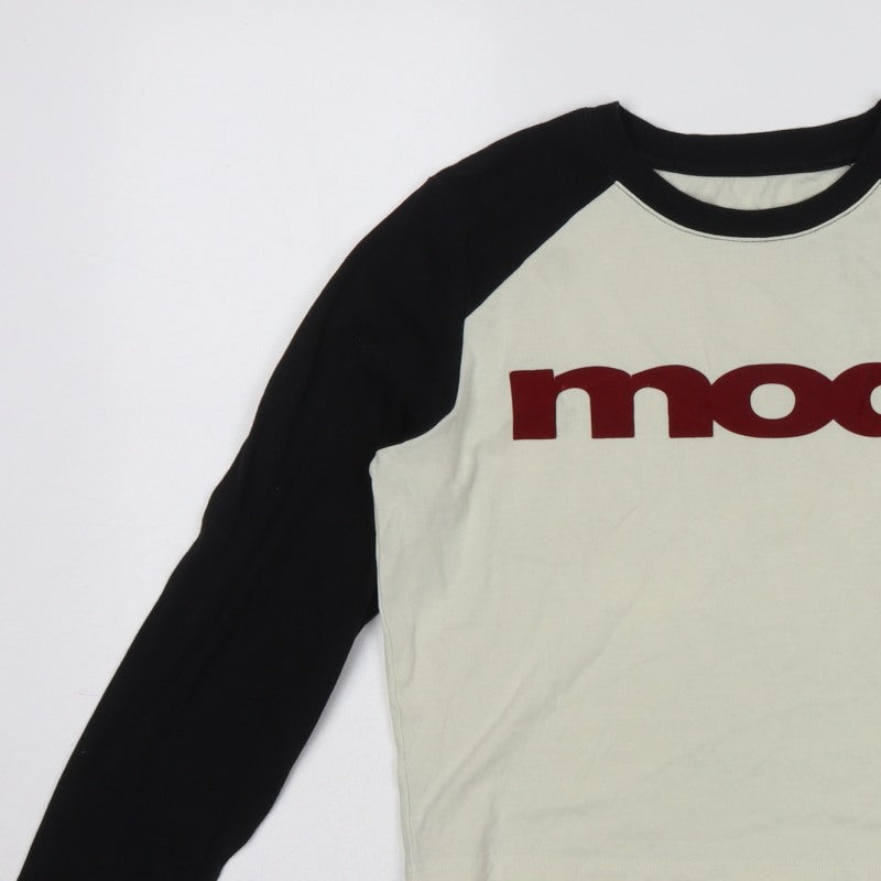 Fattonny Women's Ivory Black L Cropped Raglan Long Sleeve Logo T-Shirt