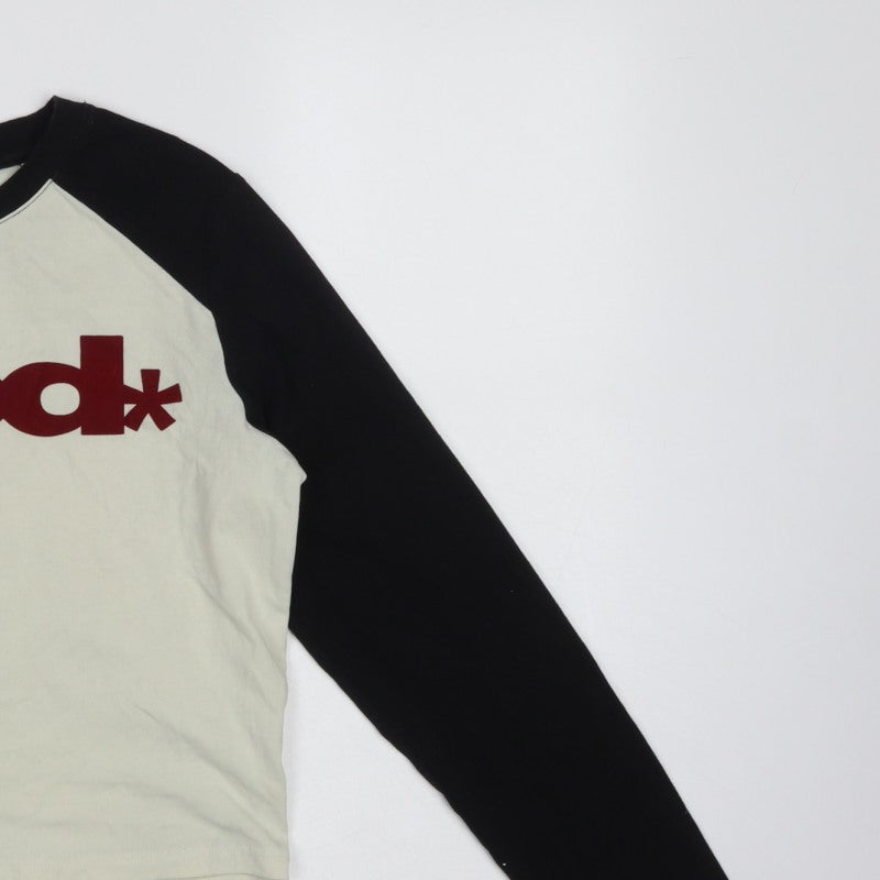 Fattonny Women's Ivory Black L Cropped Raglan Long Sleeve Logo T-Shirt