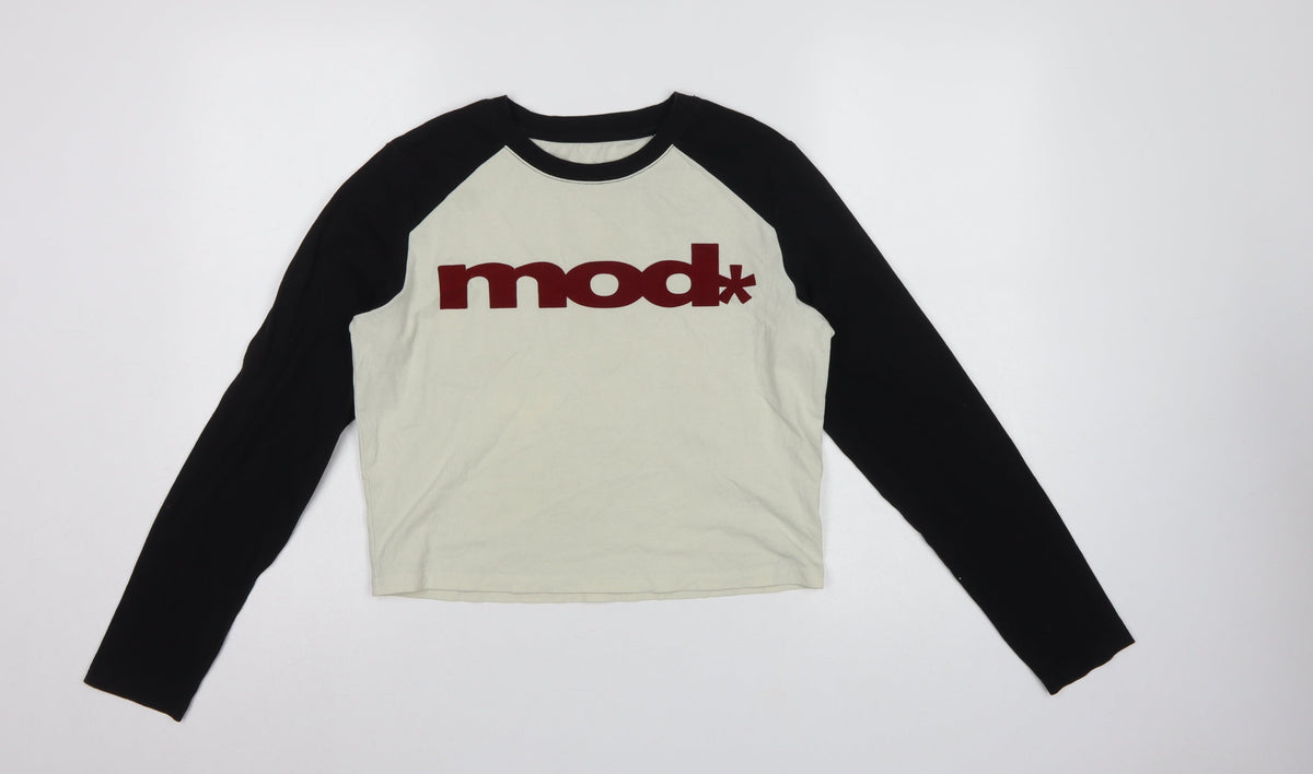 Fattonny Women's Ivory Black L Cropped Raglan Long Sleeve Logo T-Shirt