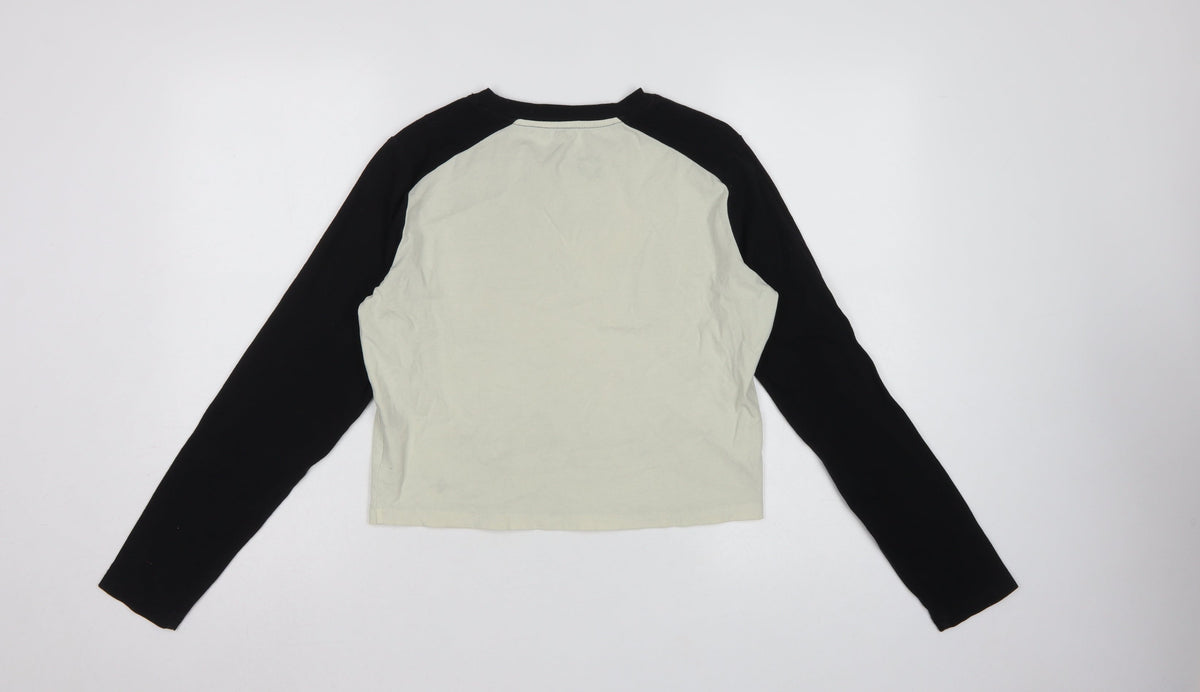 Fattonny Women's Ivory Black L Cropped Raglan Long Sleeve Logo T-Shirt
