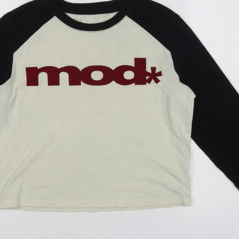 Fattonny Women's Ivory Black L Cropped Raglan Long Sleeve Logo T-Shirt